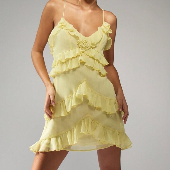 Yellow Boho Women's Ruffle Spaghetti Strap Tiered Flounce cocktail Mini Dress - Picture 6 of 6